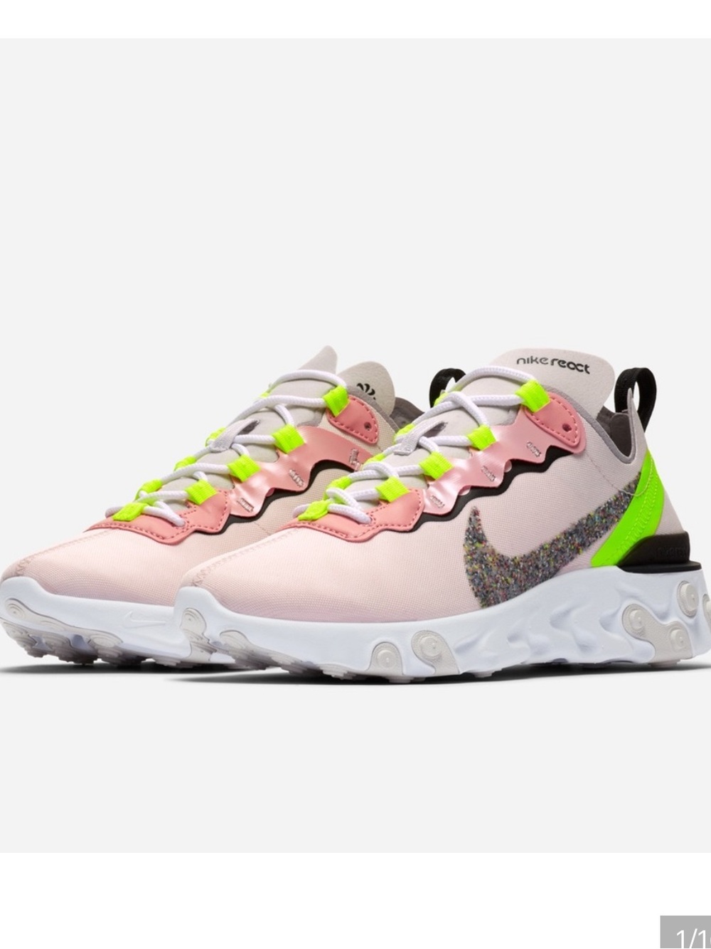 Nike React Element 55 PRM Sneakers - Light Pink with Neon Green Accents size 8.5